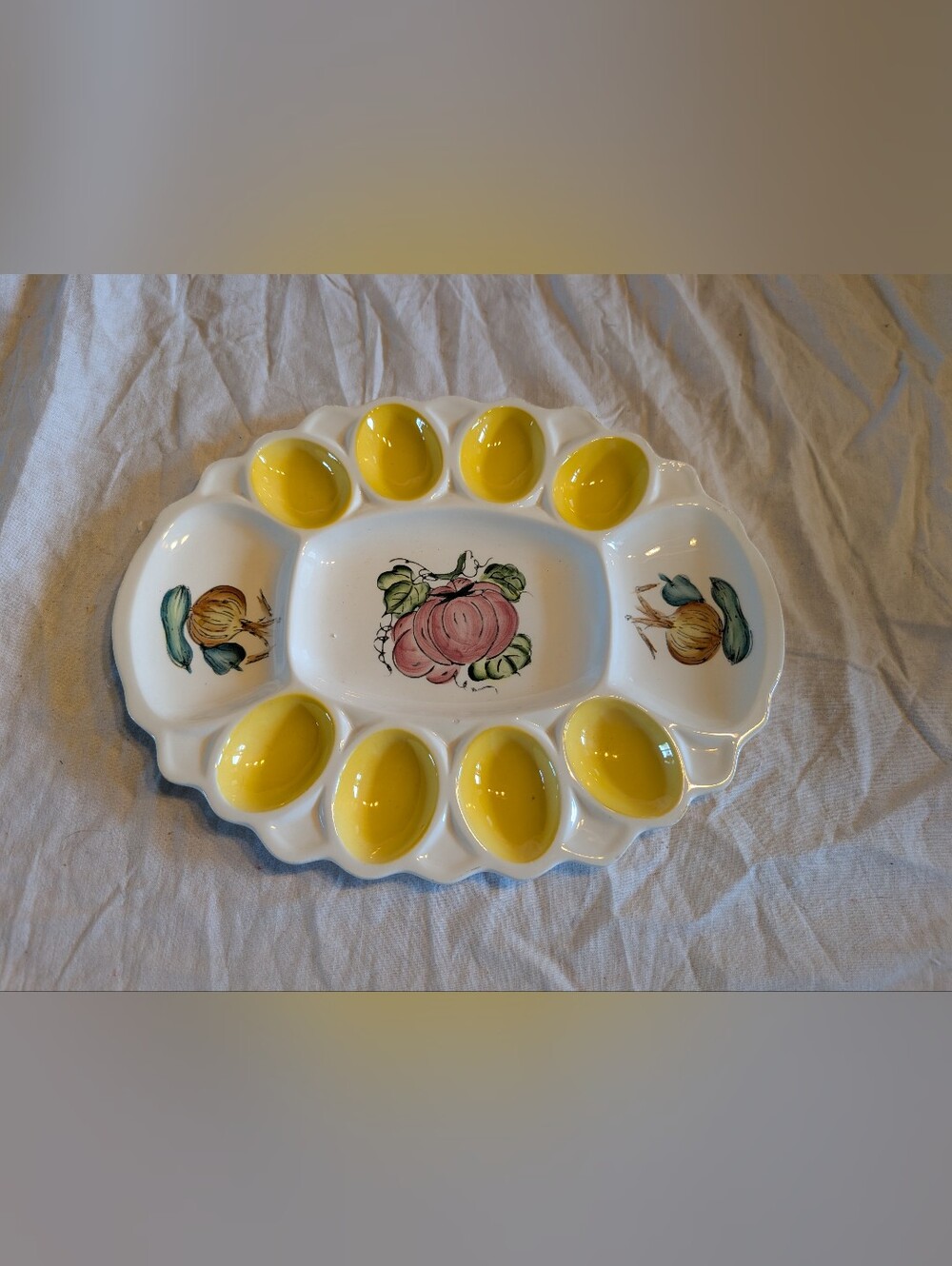 2/60$ Yellow and White Ceramic Egg Serving Platter with vegetables Motif